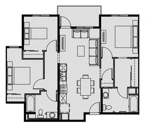 Floor plan for 3 beds, 2 baths, 1071 sqft